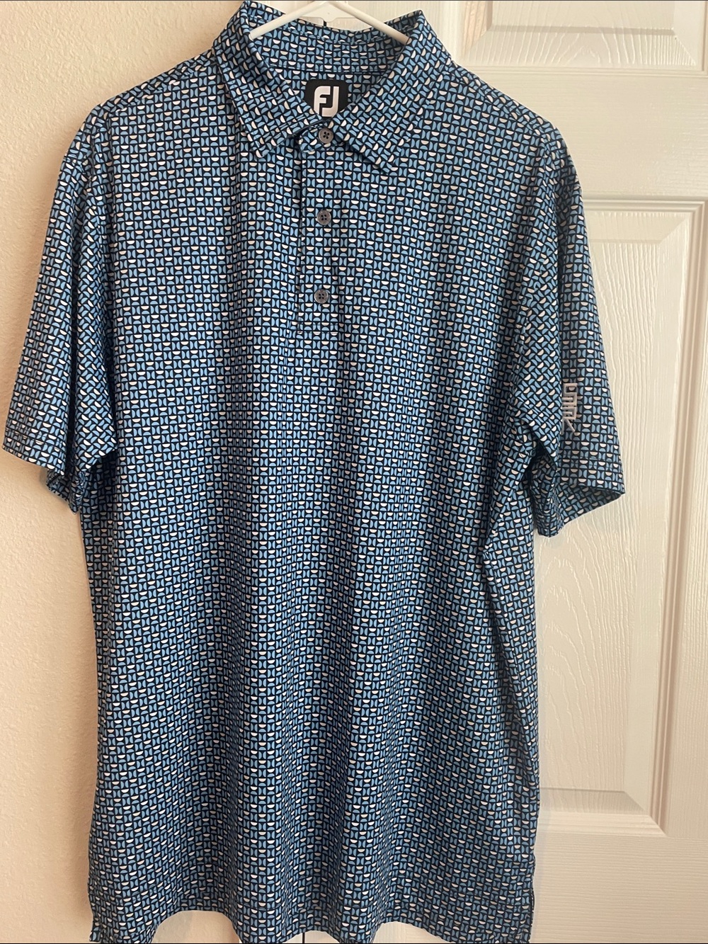 FootJoy Blue and White Geometric Polo Spring Creek Ranch Logo Size L